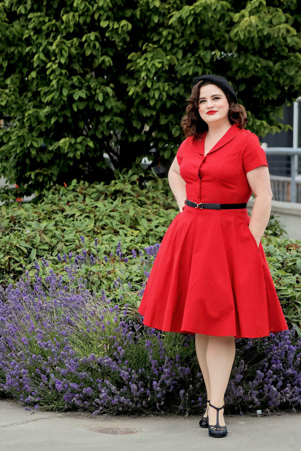 40s 50s Lapel Collar Reddot Vneckline Shirtwaist Vintage Dress With Pockets