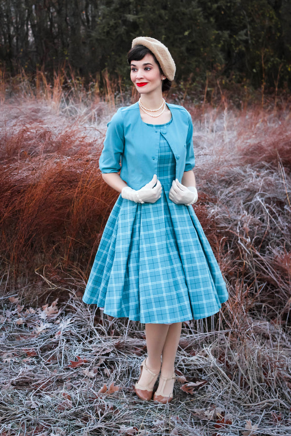 Women`s 1950s Blue Plaid Audrey Hepburn Style Tea Dress With Jacket - Gowntownvintage