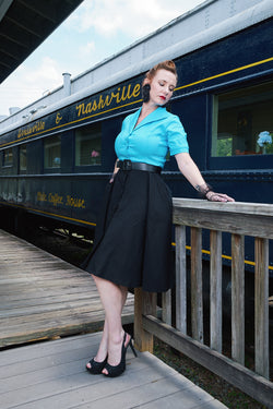 50s Shirtwaist Front Button Lapel Collar Skyblue Swing Dress With Pockets