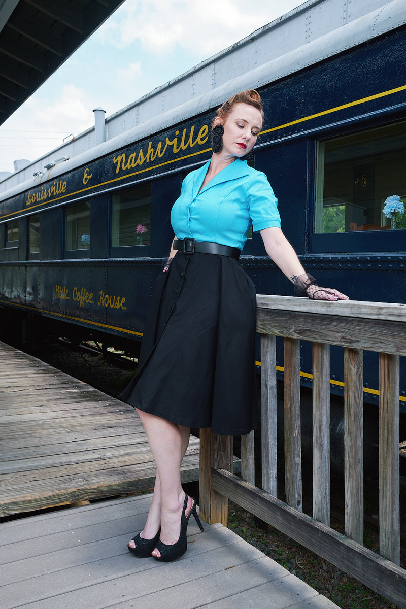 50s Shirtwaist Front Button Lapel Collar Skyblue Swing Dress With Pockets