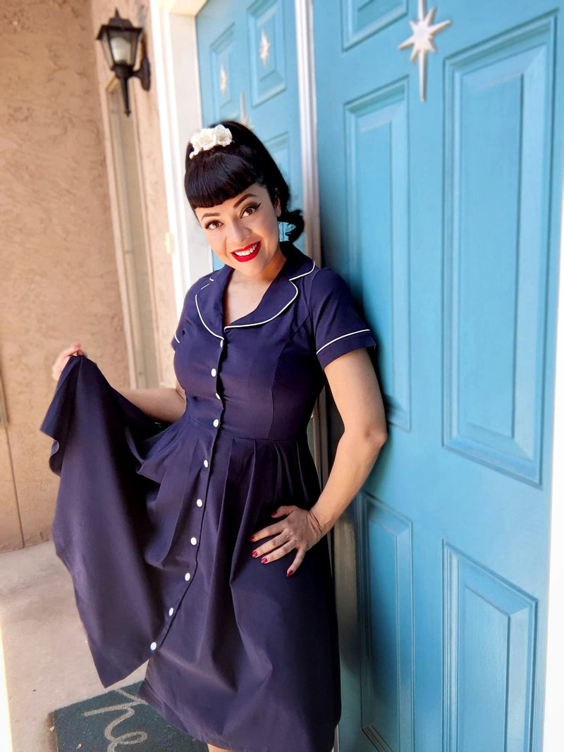 40s 50s Vintage Women`s Darkblue Dot Lapel Collar  Vneckline Shirt Dress - Gowntownvintage
