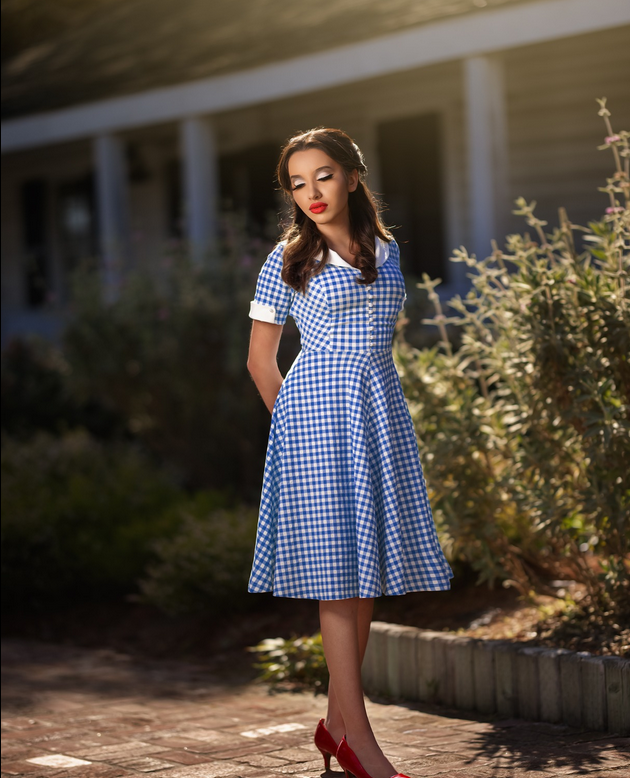 Copy of 1950s Women`s Blue Plaid Shawl Collar Vneckline Shirt Dress - Gowntownvintage
