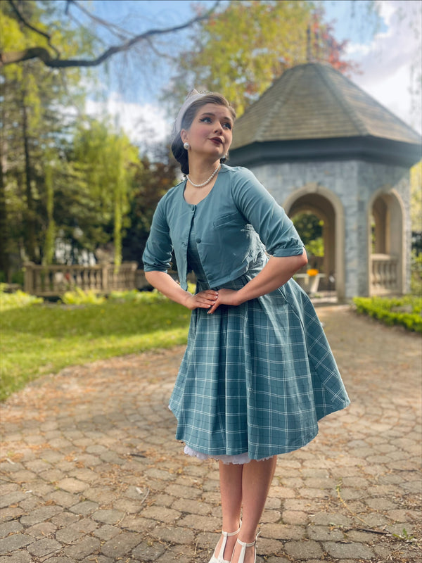 GownTown Women`s 1950s Blue Plaid Audrey Hepburn Style Tea Dress With Jacket - Gowntownvintage