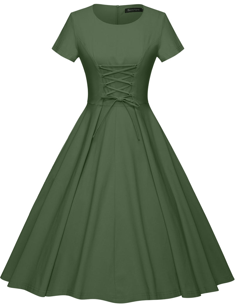 50s round collar bust laceup armygreen swing dress with pockets 