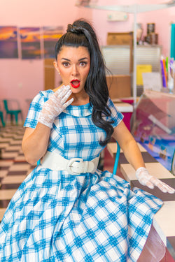 1950s  Blueplaid Roll Collar Swing Dress With Pockets - Gowntownvintage