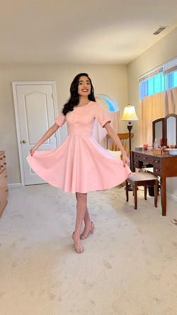 40s Women`s Scoop Collar Pink Shirtwaist Swing Dress With Pockets - Gowntownvintage