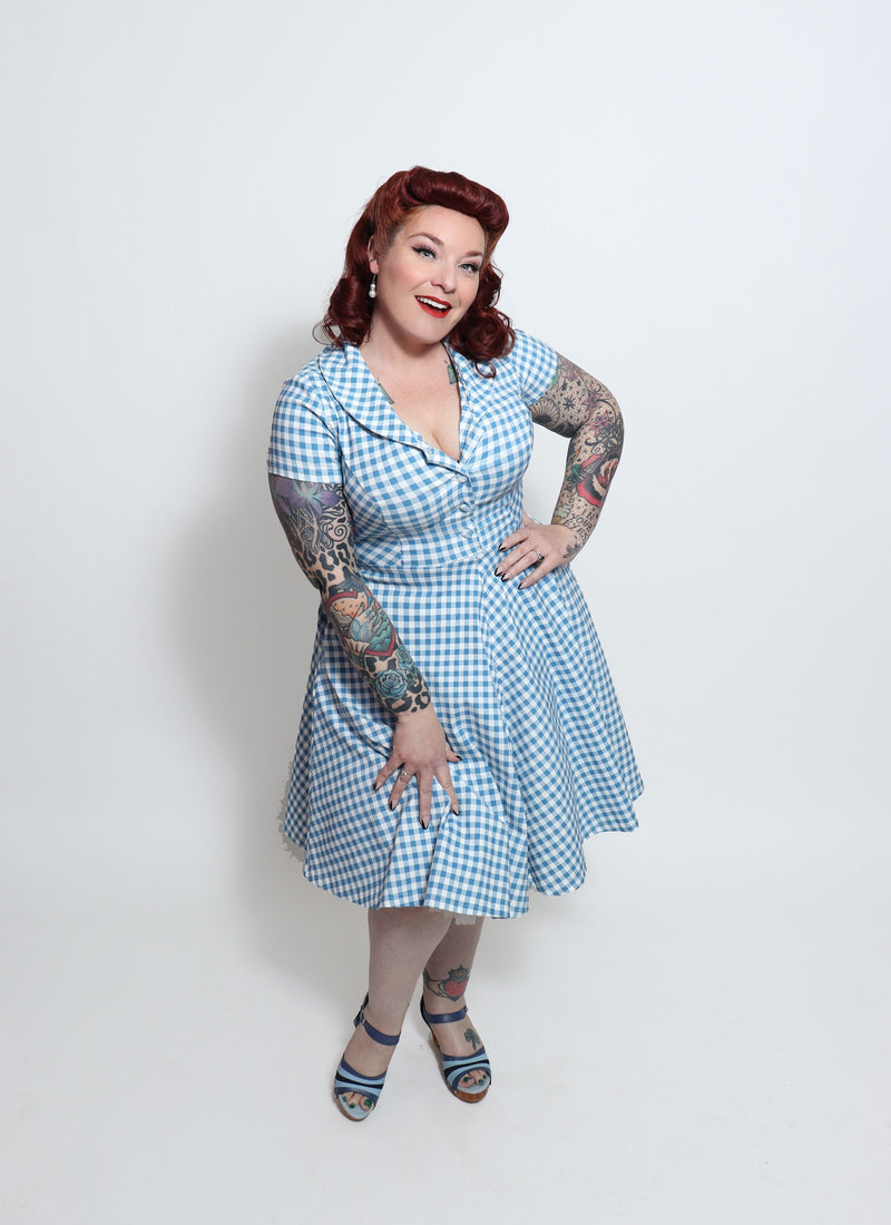 40s 50s Lapel Collar Lightblue Plaid Vneckline Shirtwaist Vintage Dress With Pockets - Gowntownvintage