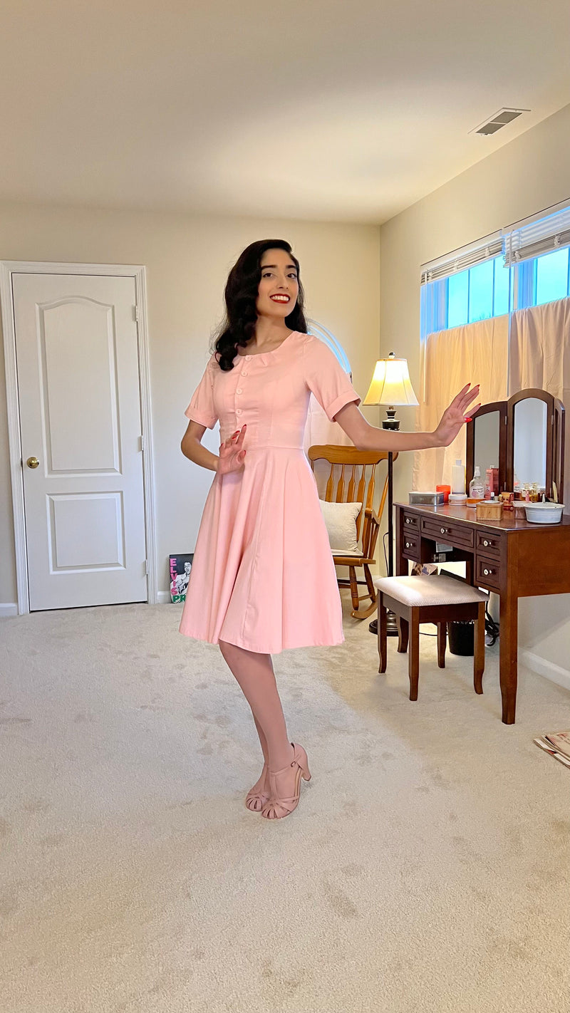 40s Women`s Scoop Collar Pink Shirtwaist Swing Dress With Pockets - Gowntownvintage