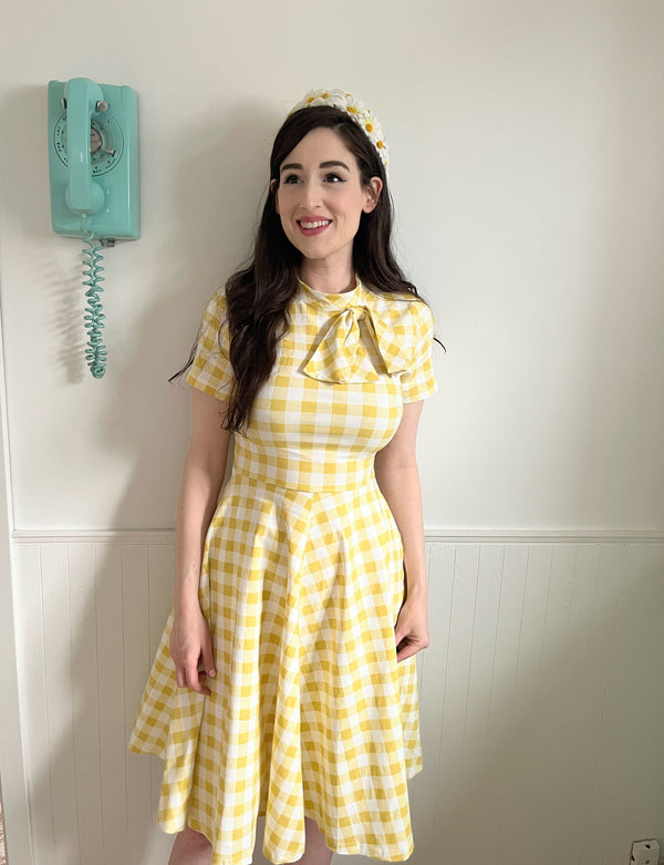 50s Vintage Women`s Yellow Plaid High Neckline Party Dress With Pockets - Gowntownvintage
