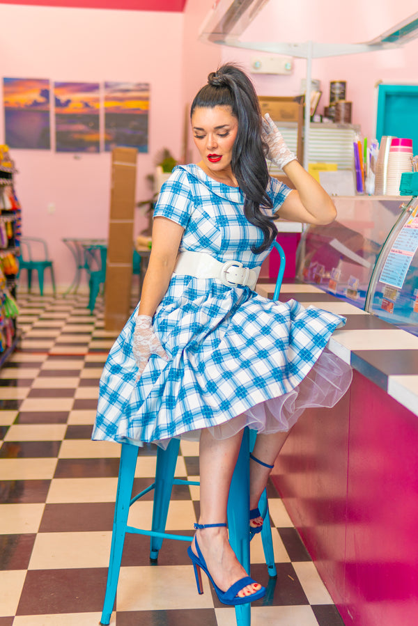 1950s  Blueplaid Roll Collar Swing Dress With Pockets