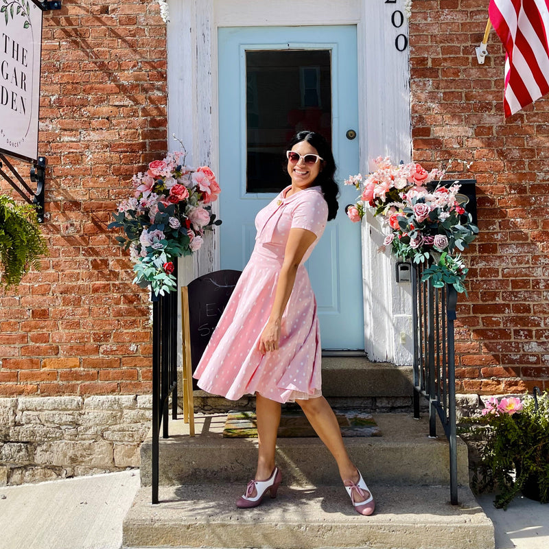 50s  Vintage Pinkdot Dress  In  Roller Collar With Fixed Bowkot Tie - Gowntownvintage