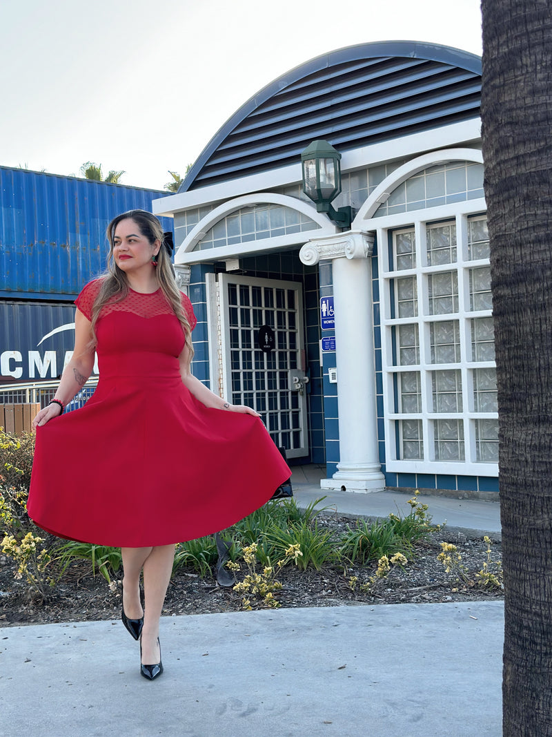 50s  Round Neckline Semi-transparent Lace Top Red Splicing Party Swing Dress With Pockets - Gowntownvintage