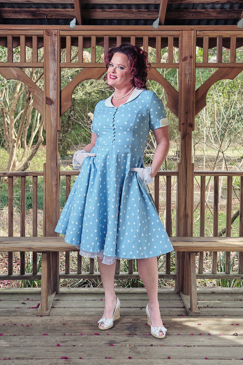 50s Vintage Women`s Polka Dot Shawl Collar Vneckline Shirt Dress - Gowntownvintage