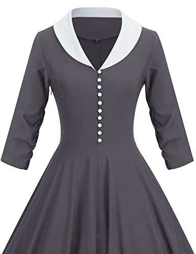 40s 50s Vintage Women`s  Grey Shawl Collar Vneckline Shirt Dress With Pockets