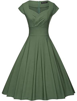 1950s Women`s Armygreen Short Sleeve  Sweetheart Neckline Vintage Party Dress With Pockets
