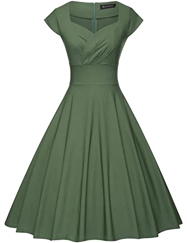 1950s Women`s Armygreen Short Sleeve  Sweetheart Neckline Vintage Party Dress With Pockets