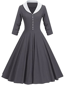 40s 50s Vintage Women`s  Grey Shawl Collar Vneckline Shirt Dress With Pockets