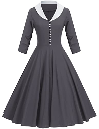 40s 50s Vintage Women`s  Grey Shawl Collar Vneckline Shirt Dress With Pockets
