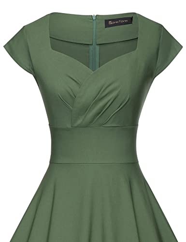 1950s Women`s Armygreen Short Sleeve  Sweetheart Neckline Vintage Party Dress With Pockets