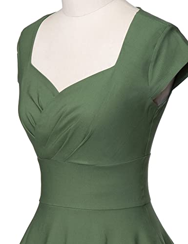 1950s Women`s Armygreen Short Sleeve  Sweetheart Neckline Vintage Party Dress With Pockets