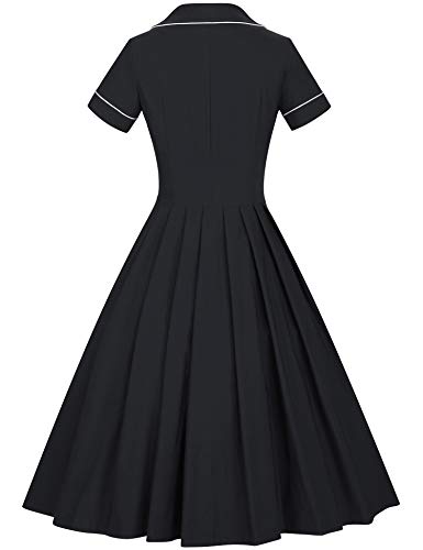 40s 50s Vintage Women`s Black Lapel Collar  Vneckline Shirt Dress With Pockets - Gowntownvintage