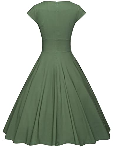 1950s Women`s Armygreen Short Sleeve  Sweetheart Neckline Vintage Party Dress With Pockets