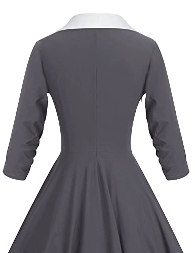 40s 50s Vintage Women`s  Grey Shawl Collar Vneckline Shirt Dress With Pockets