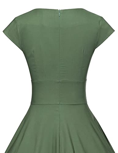 1950s Women`s Armygreen Short Sleeve  Sweetheart Neckline Vintage Party Dress With Pockets