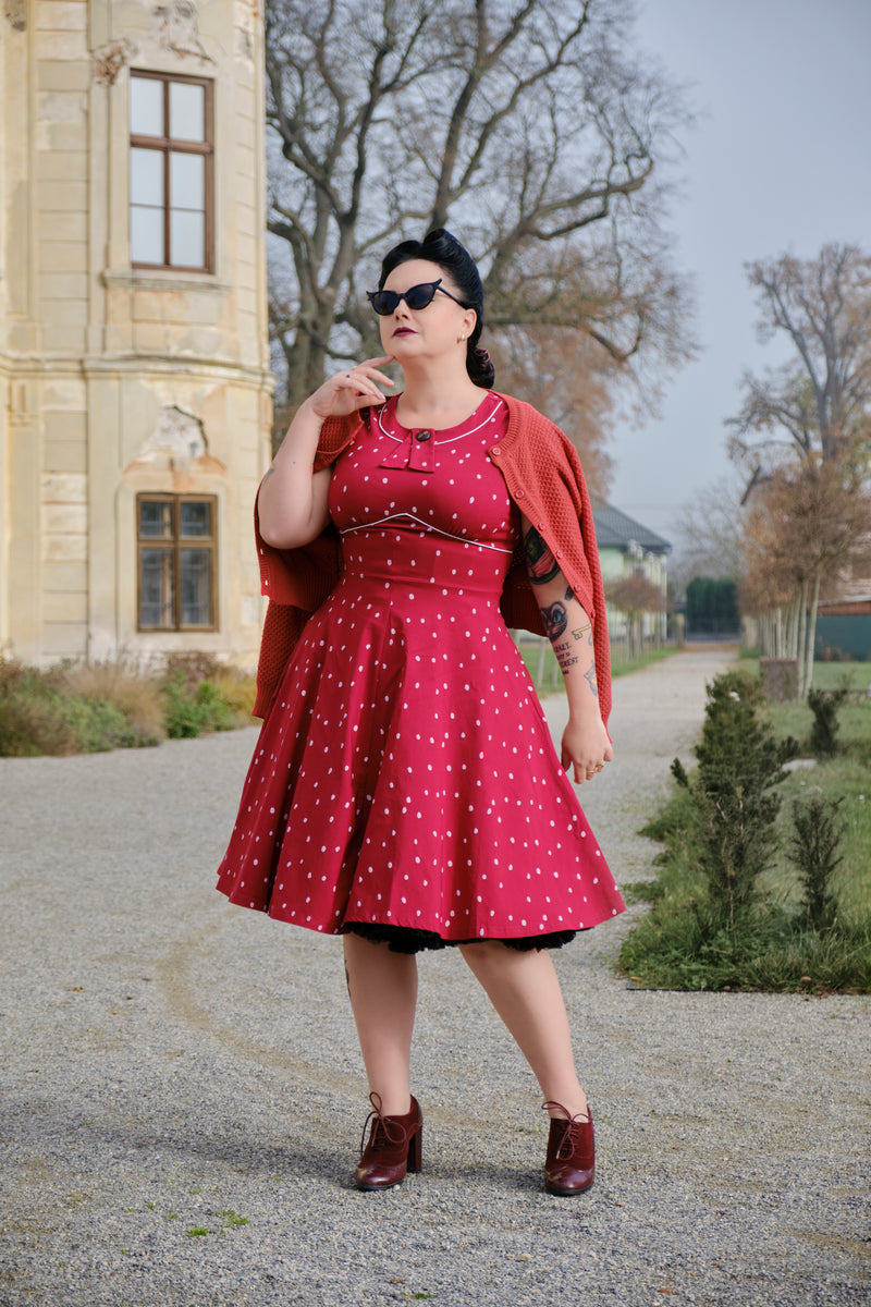 Women`s 50s Darkred Dot Inserted V waistline Vintage Party Dress With Pockets - Gowntownvintage