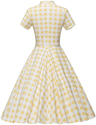 50s  Yellow Plaid  Retro Stand Collar  With Fixed Bowknot  Rockabilly  Party Swing Dress With Pockets