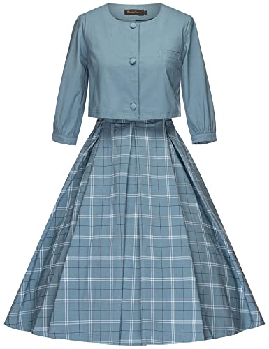 Audrey Hepburn Style O neckline blule plaid sleeveless swing dress with jacket