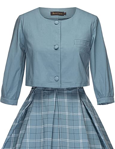 Women`s 1950s Blue Plaid Audrey Hepburn Style Tea Dress With Jacket - Gowntownvintage