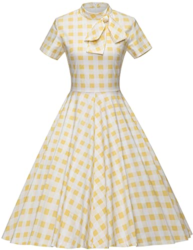 50s  Yellow Plaid  Retro Stand Collar  With Fixed Bowknot  Rockabilly  Party Swing Dress With Pockets