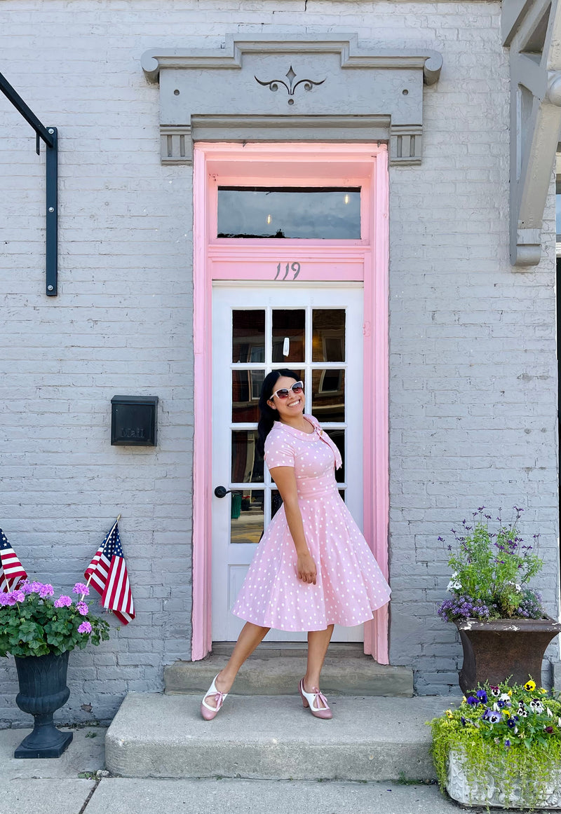 50s  Vintage Pinkdot Dress  In  Roller Collar With Fixed Bowkot Tie - Gowntownvintage
