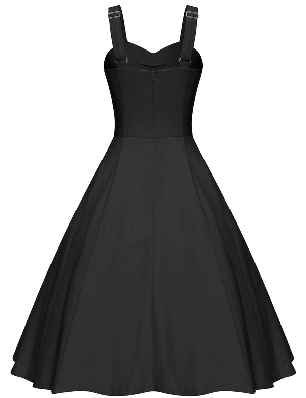 1950s Sweet Heart Neckline Black Strap Swing Dress With Pockets - Gowntownvintage