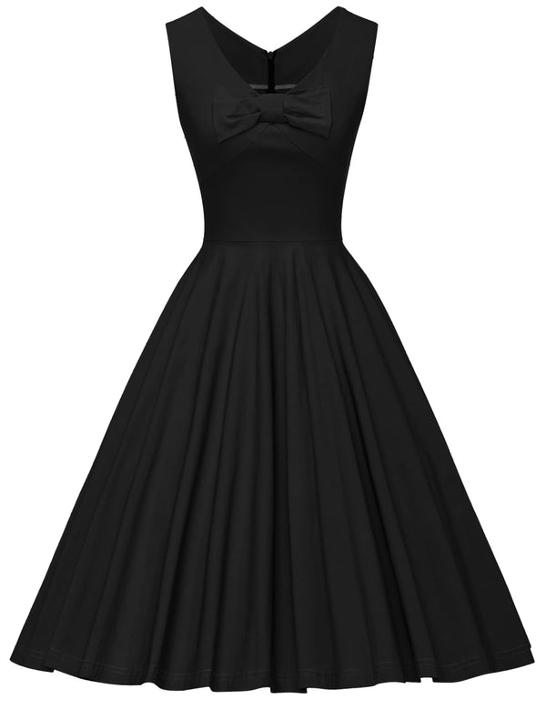 1950s Black V Neckline Dotted With Bowknot  Swing  Party Dress With Pockets - Gowntownvintage