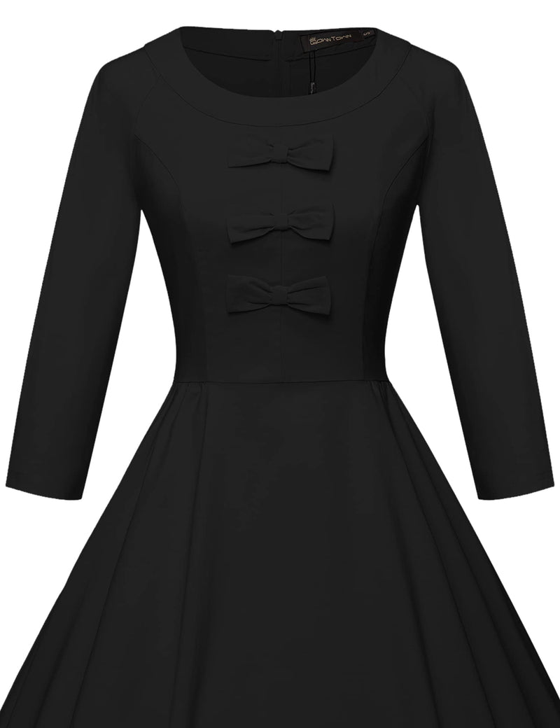 50s Women`s   O neckline Front Bowknot Tie Black Swing Dress With Pockets - Gowntownvintage