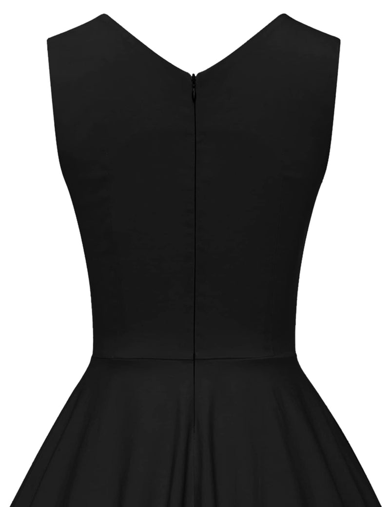 1950s Black V Neckline Dotted With Bowknot  Swing  Party Dress With Pockets - Gowntownvintage