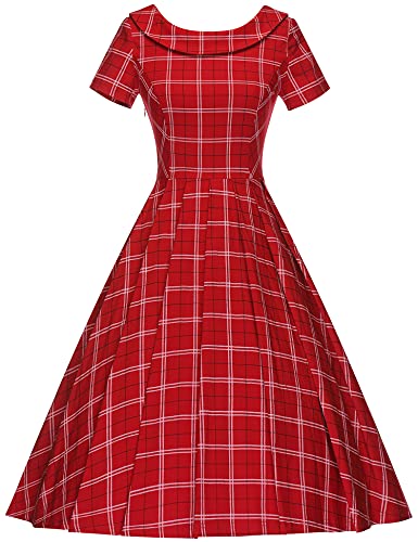 50s retro redplaid roller collar swing dress with pockets