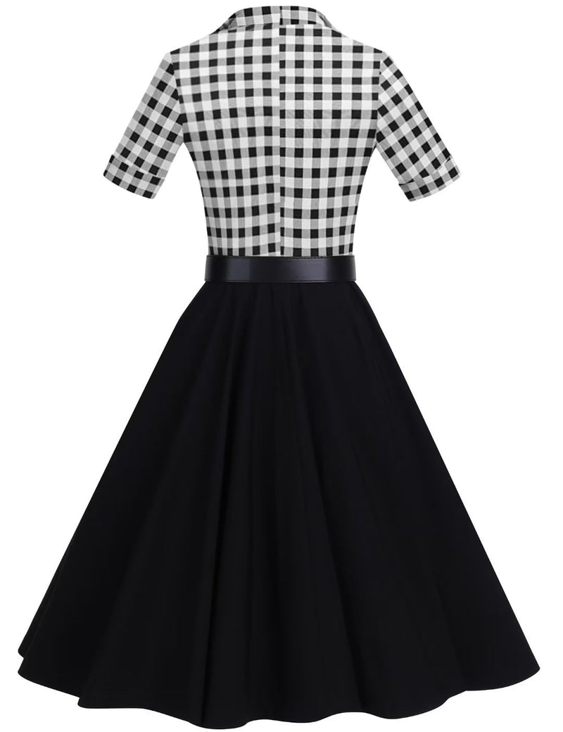 50s Lapel Collar Vneckline  Blackplaid Shirtwaist Vintage Dress With Belts&Pockets - Gowntownvintage