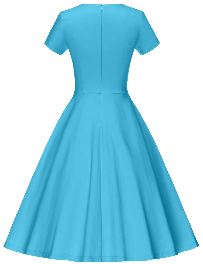 Women`s 50s SkyBlue Inserted V waistline Vintage Party Dress With Pockets - Gowntownvintage