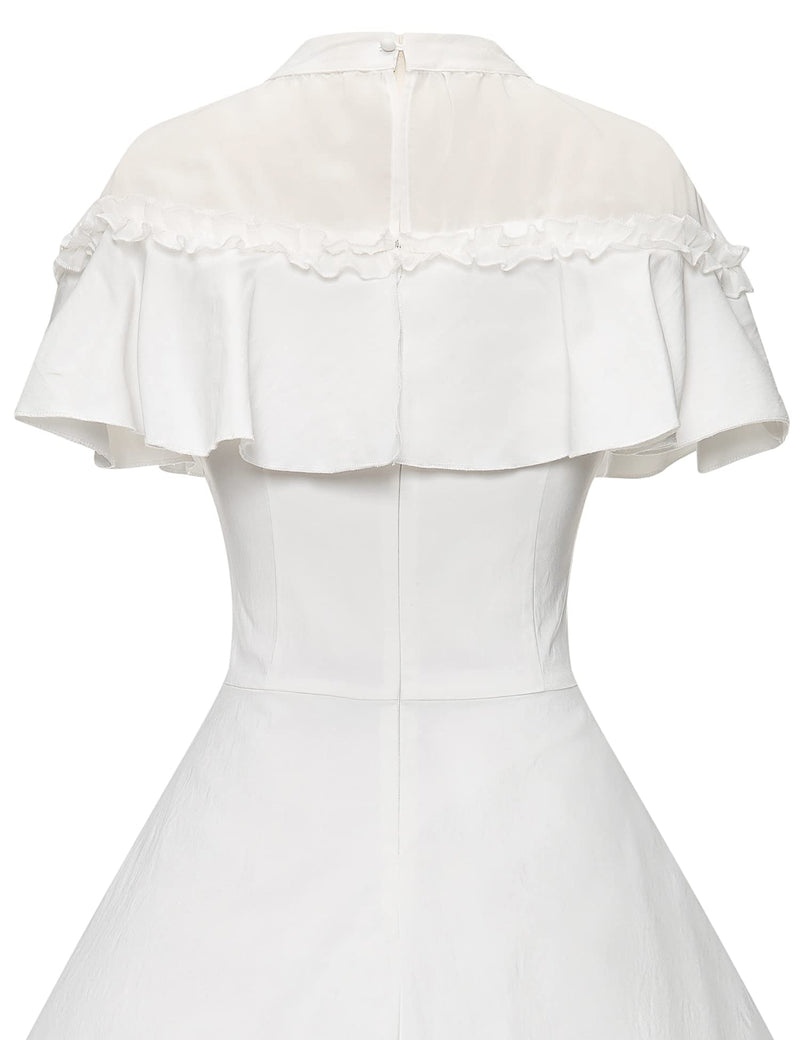 50s Lace Top Bust Ruffle  Ivory  Swing Dress With Pockets - Gowntownvintage