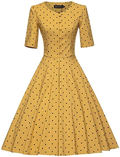 1950s YellowDot  Round Neck Shirtwaist Swing Vintage Dress With Pockets