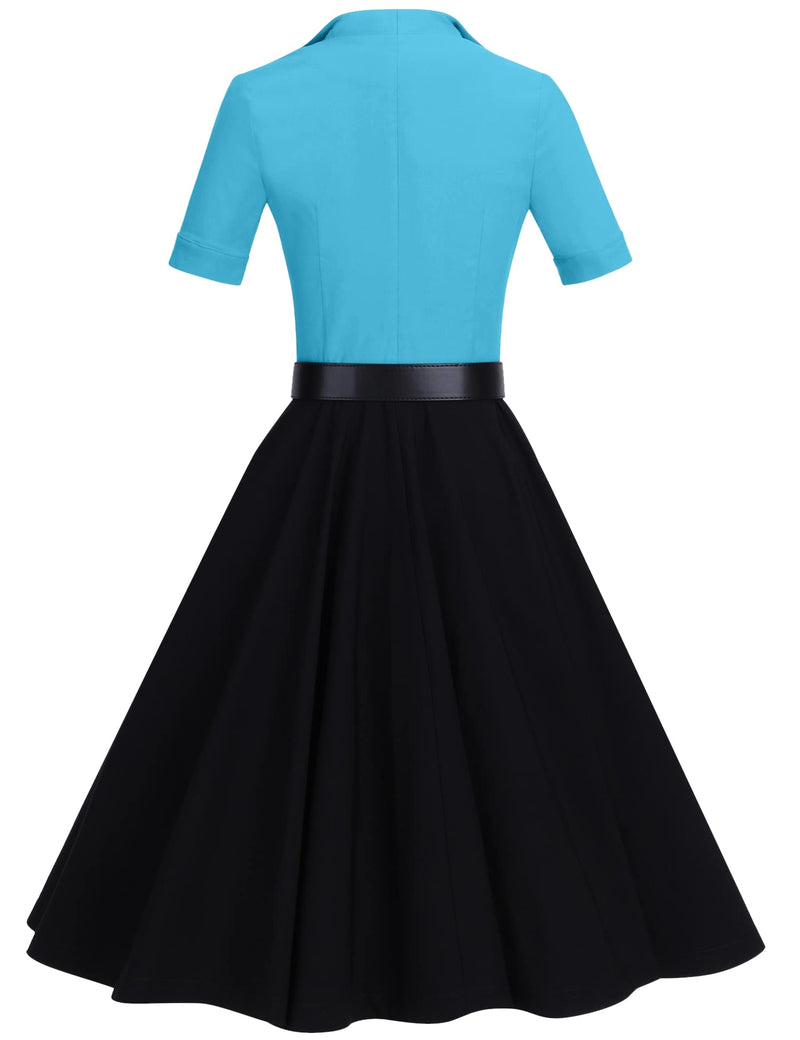 50s Lapel Collar Vneckline  Blue Shirtwaist Vintage Dress With Belts&Pockets - Gowntownvintage