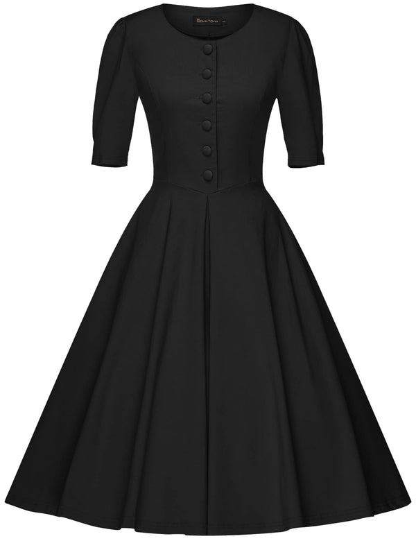 1950s Round Neckline Black Shirtwaist Swing Vintage Dress With Pockets - Gowntownvintage