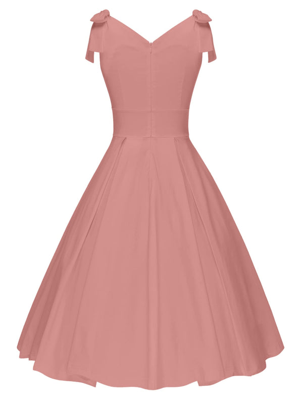 1950s Womens  Salmon Pink Adjustable Strap Swing Party Dress With Pockets - Gowntownvintage