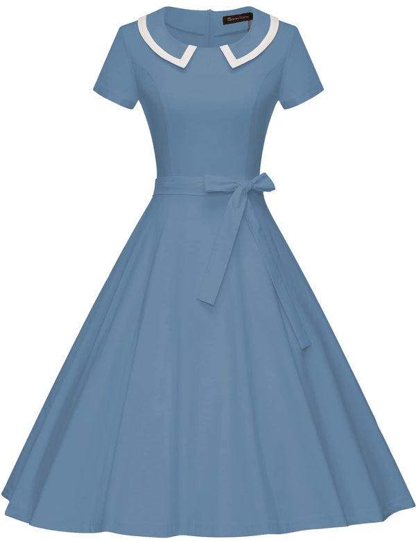 50s PeterPan Collar Blue Swing Dress With Pockets