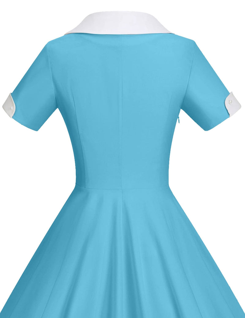 40s 50s Vintage Women`s Teal Colar Shawl Collar Vneckline Shirt Dress - Gowntownvintage