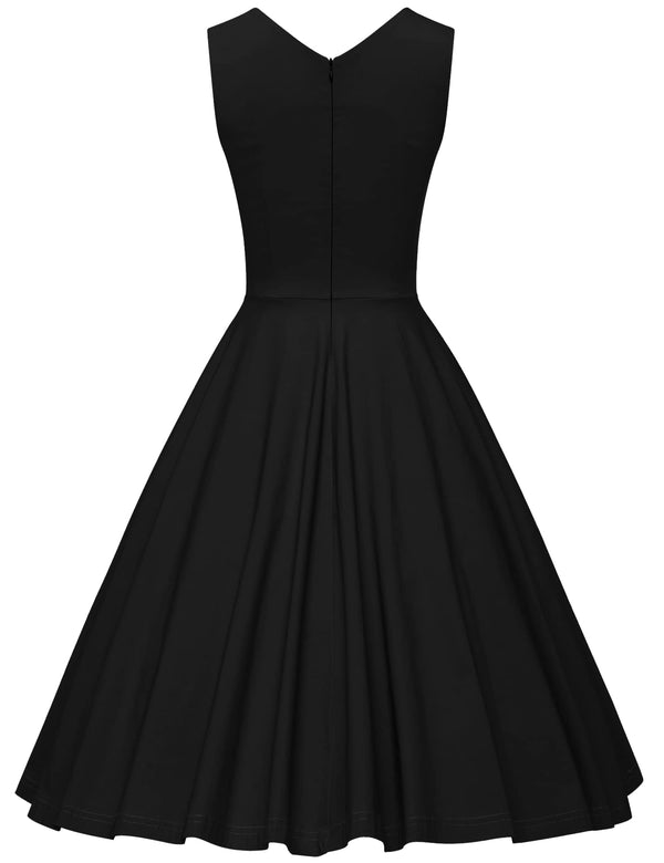 1950s Black V Neckline Dotted With Bowknot  Swing  Party Dress With Pockets - Gowntownvintage