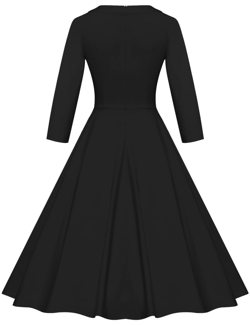 50s Women`s   O neckline Front Bowknot Tie Black Swing Dress With Pockets - Gowntownvintage